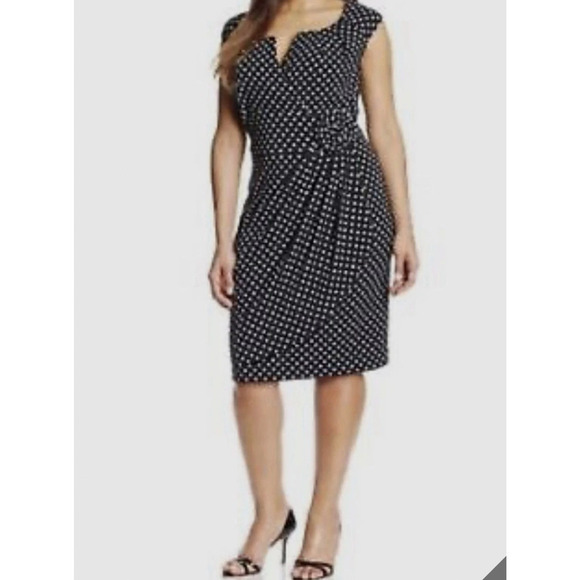 Adrianna Papell Black Polka Dot Print Dress Rosette Detail Faux Wrap Size 16 - Picture 1 of 10